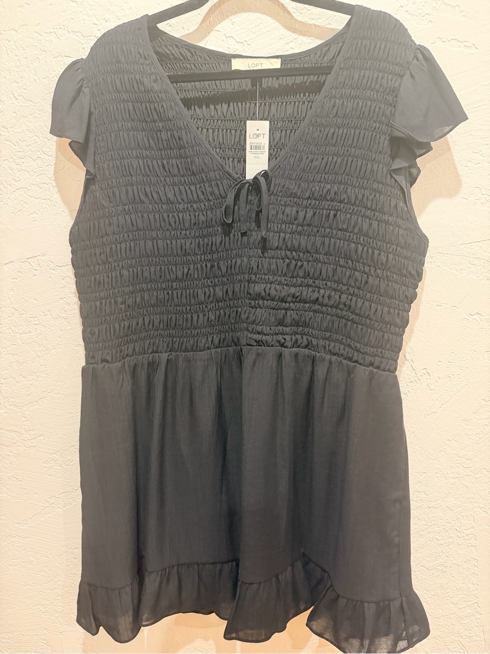 LOFT Black Smocked V-Neck Peplum Blouse
